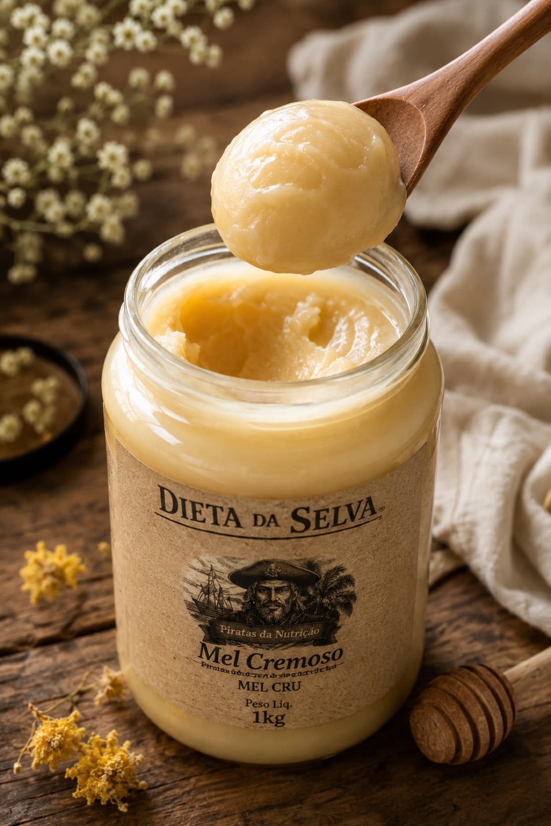 Pote de 1kg aberto do Mel Cremoso da Selva com uma colher de madeira erguendo uma porção de mel cremoso