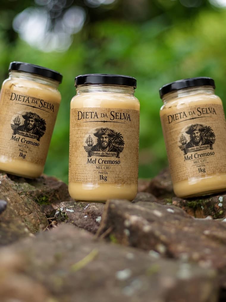 Três potes de 1kg do Mel Cremoso da Selva sobre pedra, na mata