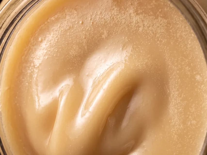 Mel cremoso visto de cima, dentro do pote — superfície densa, com dobras e espuma fina de cera