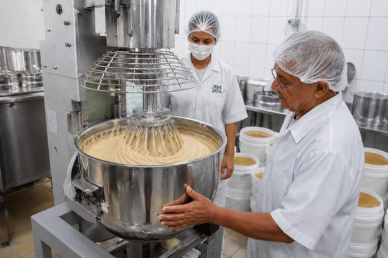Batedeira industrial girando o mel cremoso, acompanhada por dois funcionários da fábrica