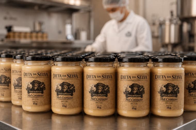 Potes de Mel Cremoso da Selva na linha de envase da fábrica